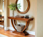 Urbane Crafts Solid Teak Wood Art Deco Console Table – Mid-Century Modern Entryway Table with U-Shaped Sculptural Pedestal Base