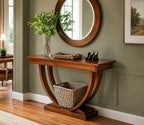 Urbane Crafts Solid Teak Wood Art Deco Console Table – Mid-Century Modern Entryway Table with U-Shaped Sculptural Pedestal Base