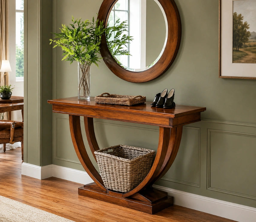 Urbane Crafts Solid Teak Wood Art Deco Console Table – Mid-Century Modern Entryway Table with U-Shaped Sculptural Pedestal Base