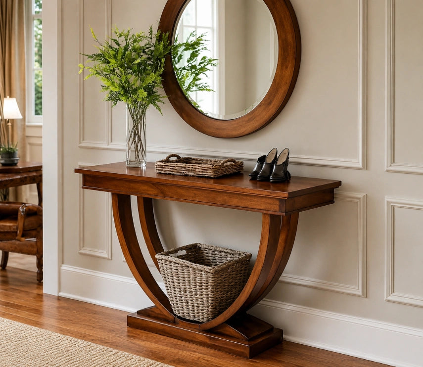 Urbane Crafts Solid Teak Wood Art Deco Console Table – Mid-Century Modern Entryway Table with U-Shaped Sculptural Pedestal Base