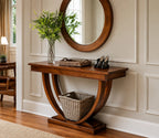 Urbane Crafts Solid Teak Wood Art Deco Console Table – Mid-Century Modern Entryway Table with U-Shaped Sculptural Pedestal Base