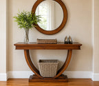 Urbane Crafts Solid Teak Wood Art Deco Console Table – Mid-Century Modern Entryway Table with U-Shaped Sculptural Pedestal Base