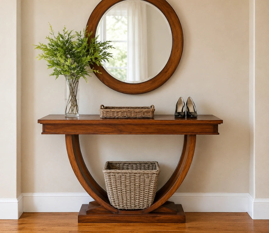 Urbane Crafts Solid Teak Wood Art Deco Console Table – Mid-Century Modern Entryway Table with U-Shaped Sculptural Pedestal Base