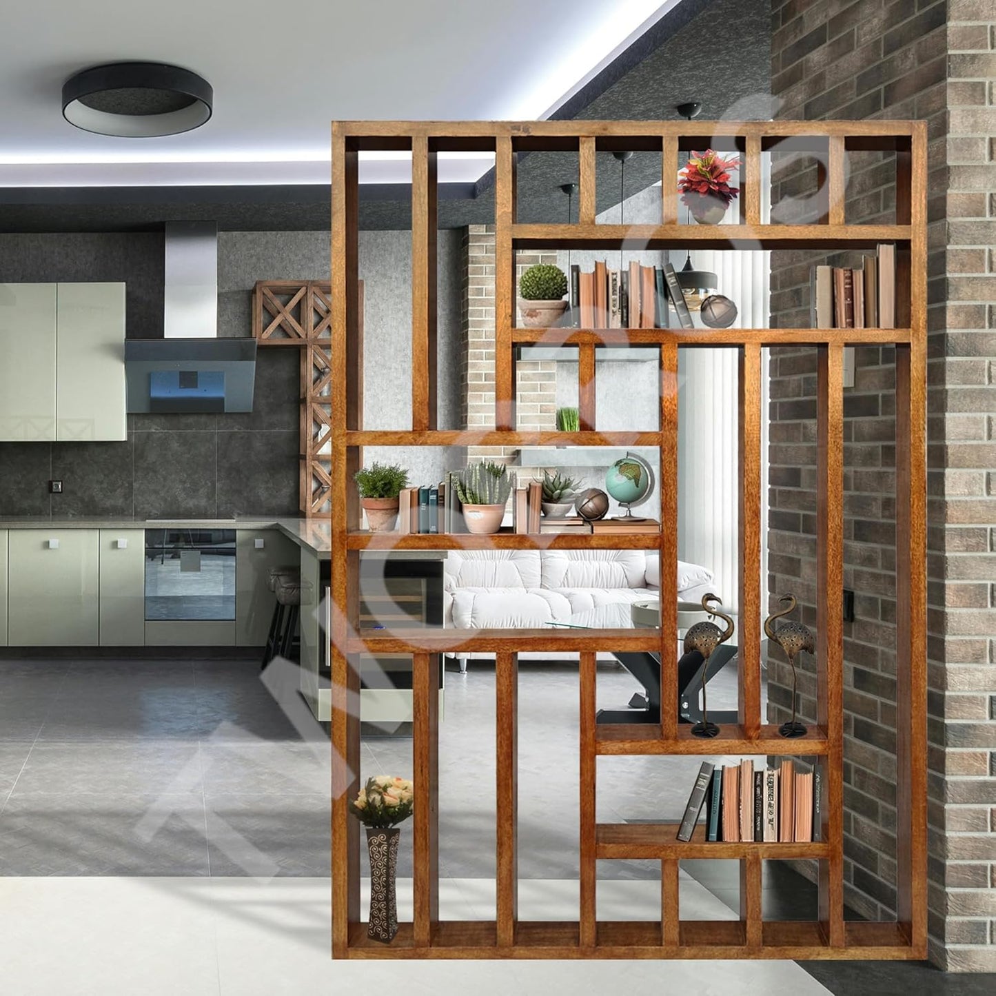 Urbane Crafts Wooden Room Divider Room Partition with Multiple Storage Shelfs Self Standing for Dividing Hall and Kitchen Space Home Office Space Divider Free Standing