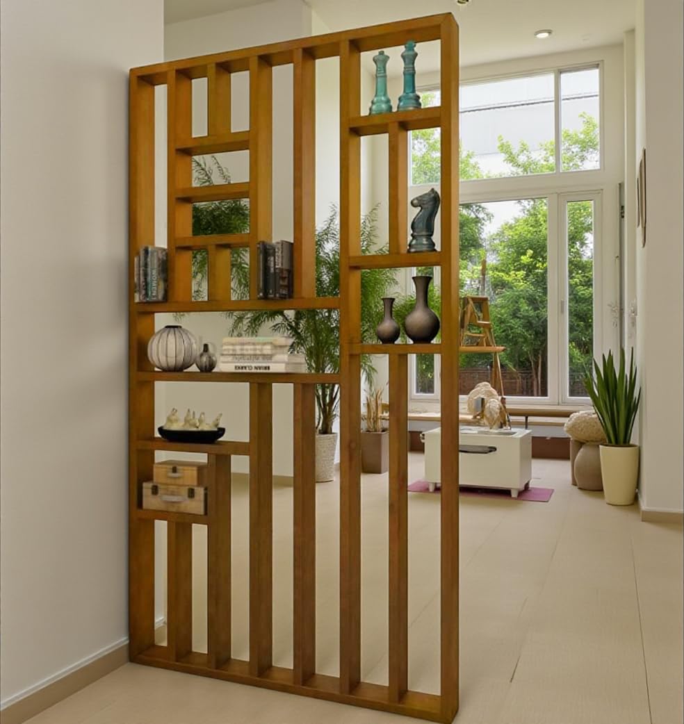 Urbane Crafts Solid Mango Wood Room Divider with Shelves & Geometric Design | Multi-Purpose Wooden Display Rack for Living Room, Bedroom & Office | Partition Stand for Home Décor – Natural Finish