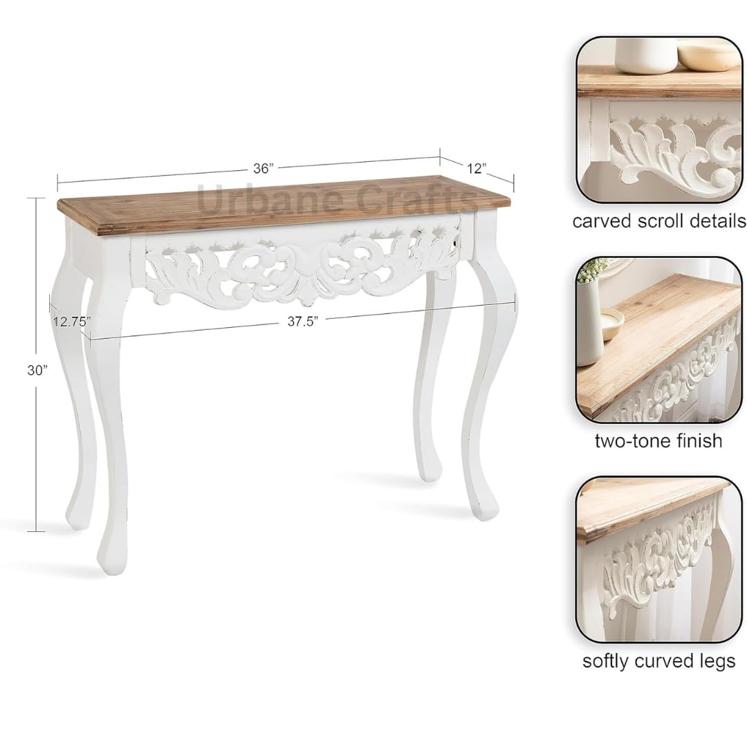 Click to see full view       3+ Urbane Crafts Wooden Carved Console Table in Solid Mango Wood with Antique White Distress Finish for livingroom, Hall, enterway, Office Size 30 * 36 * 15 inch (Distress)