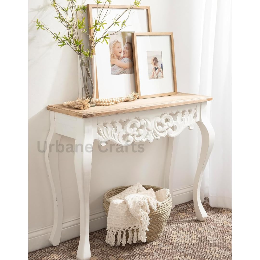 Click to see full view       3+ Urbane Crafts Wooden Carved Console Table in Solid Mango Wood with Antique White Distress Finish for livingroom, Hall, enterway, Office Size 30 * 36 * 15 inch (Distress)