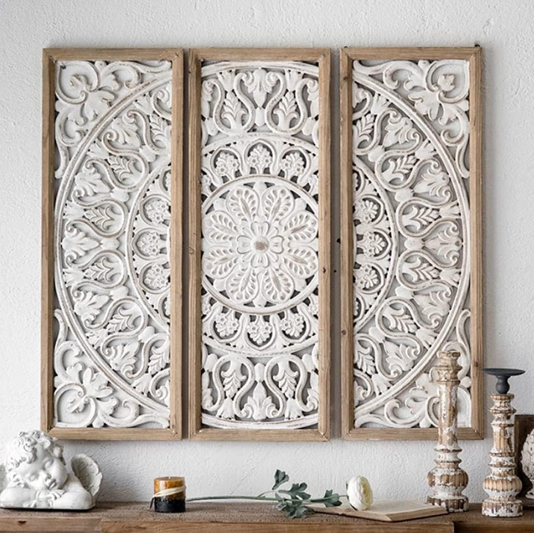 Urbane Crafts Wooden Wall Hanging Decorative Sculpture with Floral Carving Set of 3 Wall Decor for Internal Walls Antique Decor Rustic Look Wood Art for Home Kitchen Bedroom Bathroom Office Restaurant Library