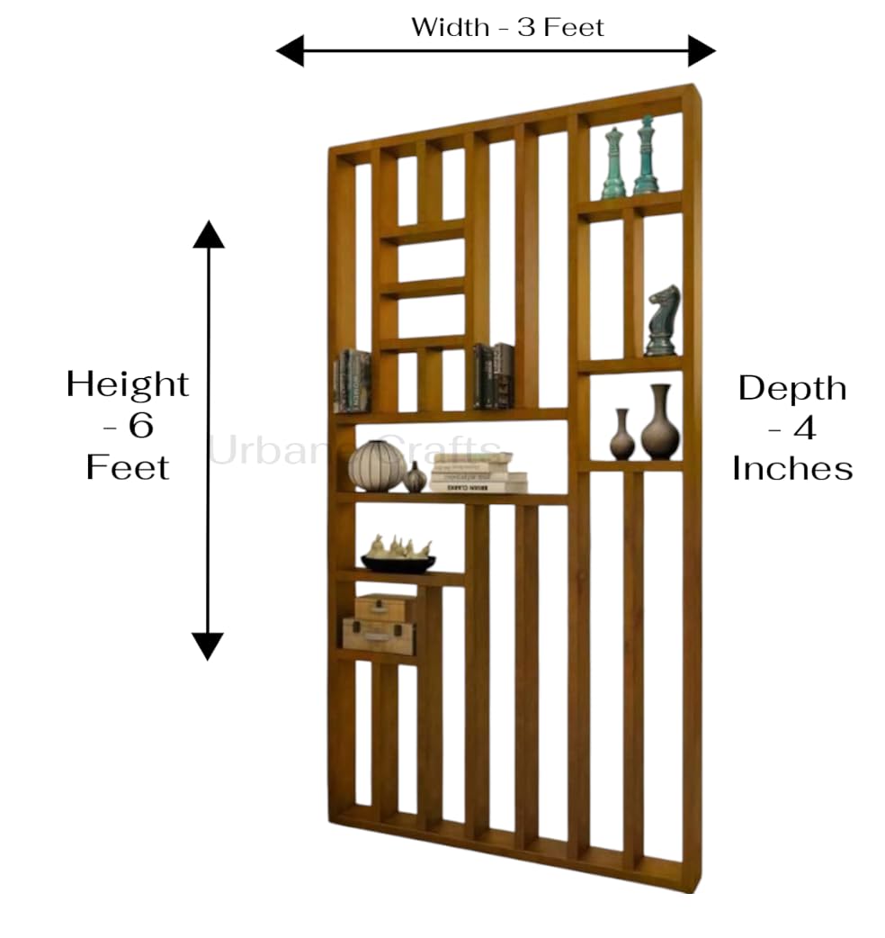 Urbane Crafts Solid Mango Wood Room Divider with Shelves & Geometric Design | Multi-Purpose Wooden Display Rack for Living Room, Bedroom & Office | Partition Stand for Home Décor – Natural Finish