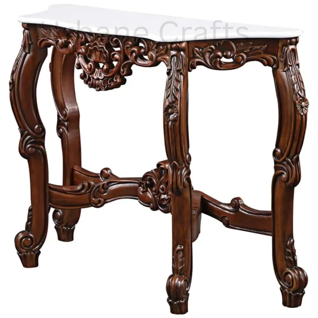 Urbane Crafts Wooden Carved Console Table | Solid Mango Wood, Walnut Brown | Decorative Table for Living Room, Hallway, Entryway, or Office | 48 x 34 x 15 Inches