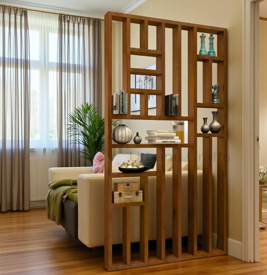 Urbane Crafts Solid Mango Wood Room Divider with Shelves & Geometric Design | Multi-Purpose Wooden Display Rack for Living Room, Bedroom & Office | Partition Stand for Home Décor – Natural Finish