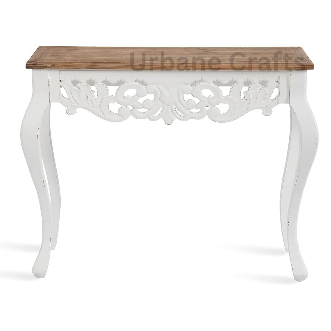 Click to see full view       3+ Urbane Crafts Wooden Carved Console Table in Solid Mango Wood with Antique White Distress Finish for livingroom, Hall, enterway, Office Size 30 * 36 * 15 inch (Distress)