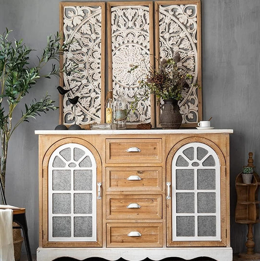 Urbane Crafts Wooden Wall Hanging Decorative Sculpture with Floral Carving Set of 3 Wall Decor for Internal Walls Antique Decor Rustic Look Wood Art for Home Kitchen Bedroom Bathroom Office Restaurant Library