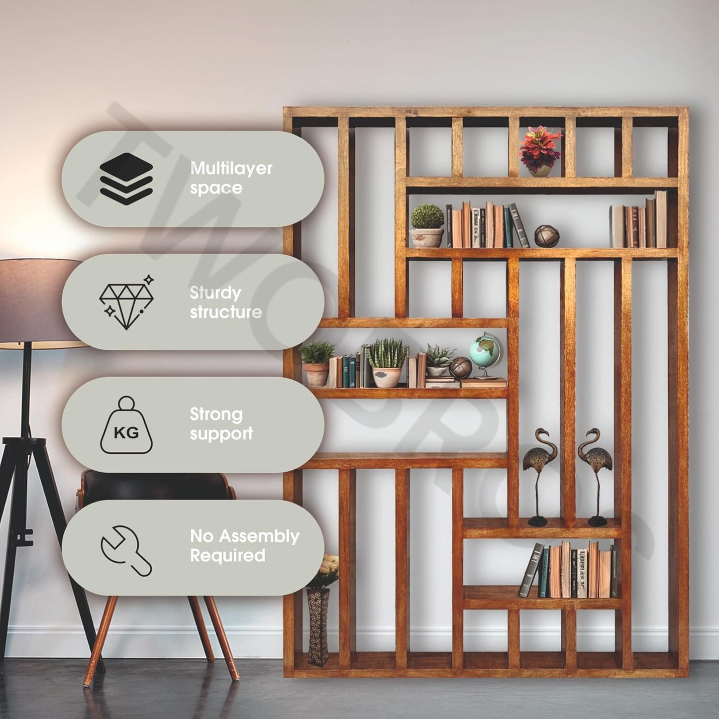 Urbane Crafts Wooden Room Divider Room Partition with Multiple Storage Shelfs Self Standing for Dividing Hall and Kitchen Space Home Office Space Divider Free Standing