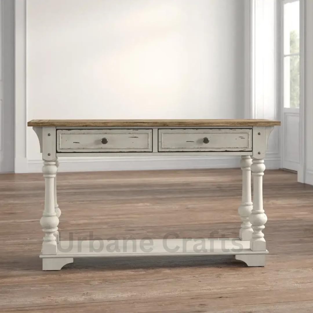 Urbane Crafts Wooden Carved Console Table | Solid Mango Wood, Antique White Distress | Decorative Table for Living Room, Hallway, Entryway, or Office | 52 x 30 x 16 Inches, White Deco