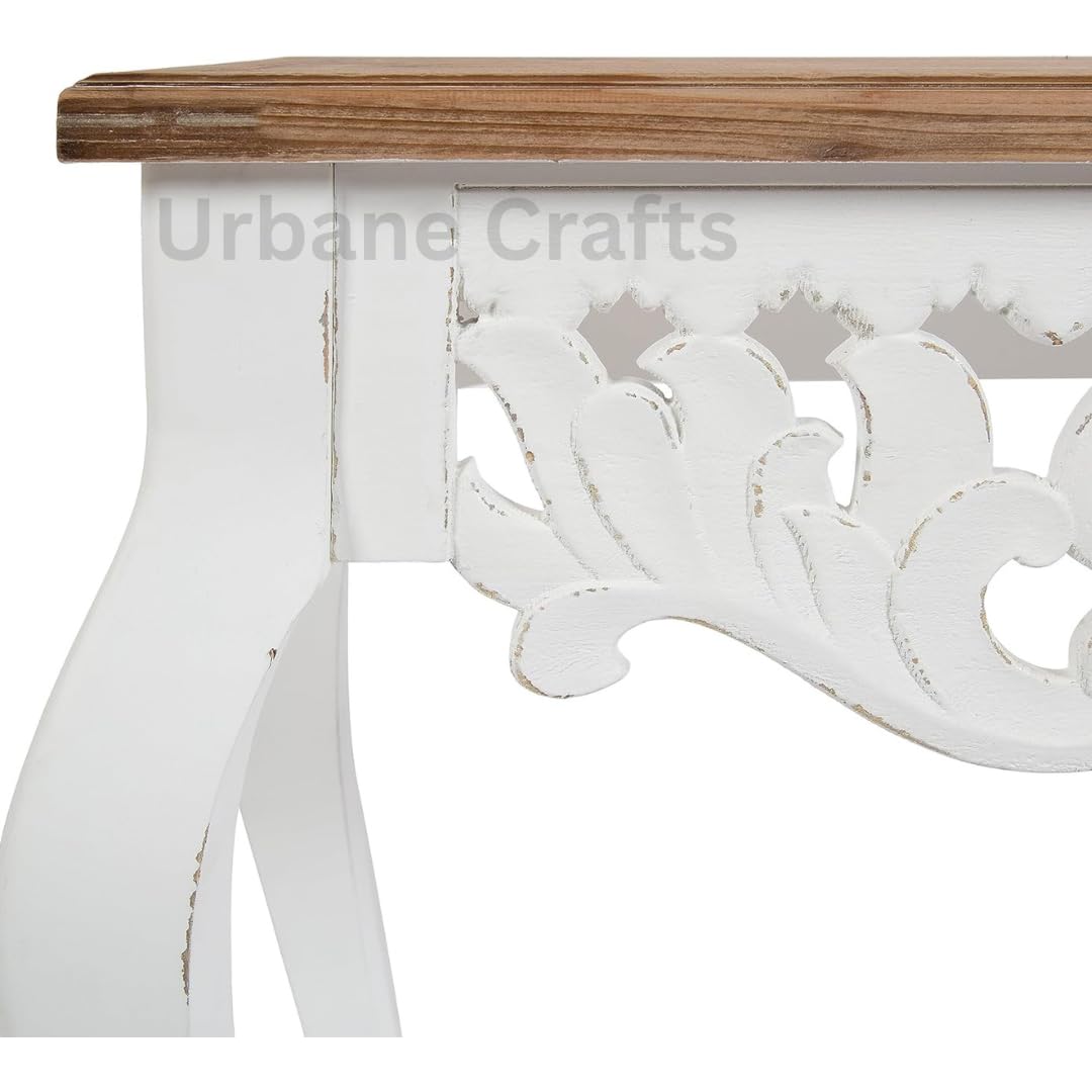 Click to see full view       3+ Urbane Crafts Wooden Carved Console Table in Solid Mango Wood with Antique White Distress Finish for livingroom, Hall, enterway, Office Size 30 * 36 * 15 inch (Distress)