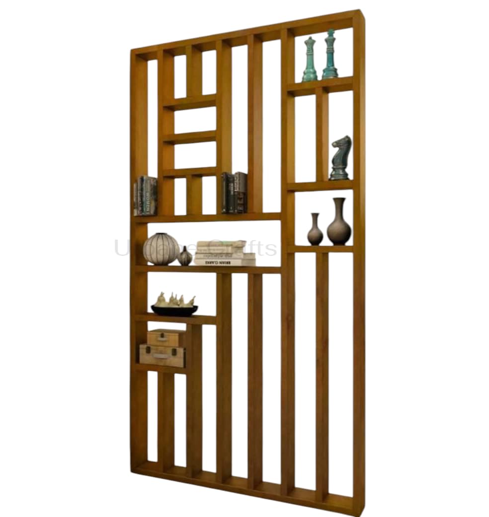 Urbane Crafts Solid Mango Wood Room Divider with Shelves & Geometric Design | Multi-Purpose Wooden Display Rack for Living Room, Bedroom & Office | Partition Stand for Home Décor – Natural Finish