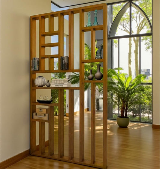 Urbane Crafts Solid Mango Wood Room Divider with Shelves & Geometric Design | Multi-Purpose Wooden Display Rack for Living Room, Bedroom & Office | Partition Stand for Home Décor – Natural Finish