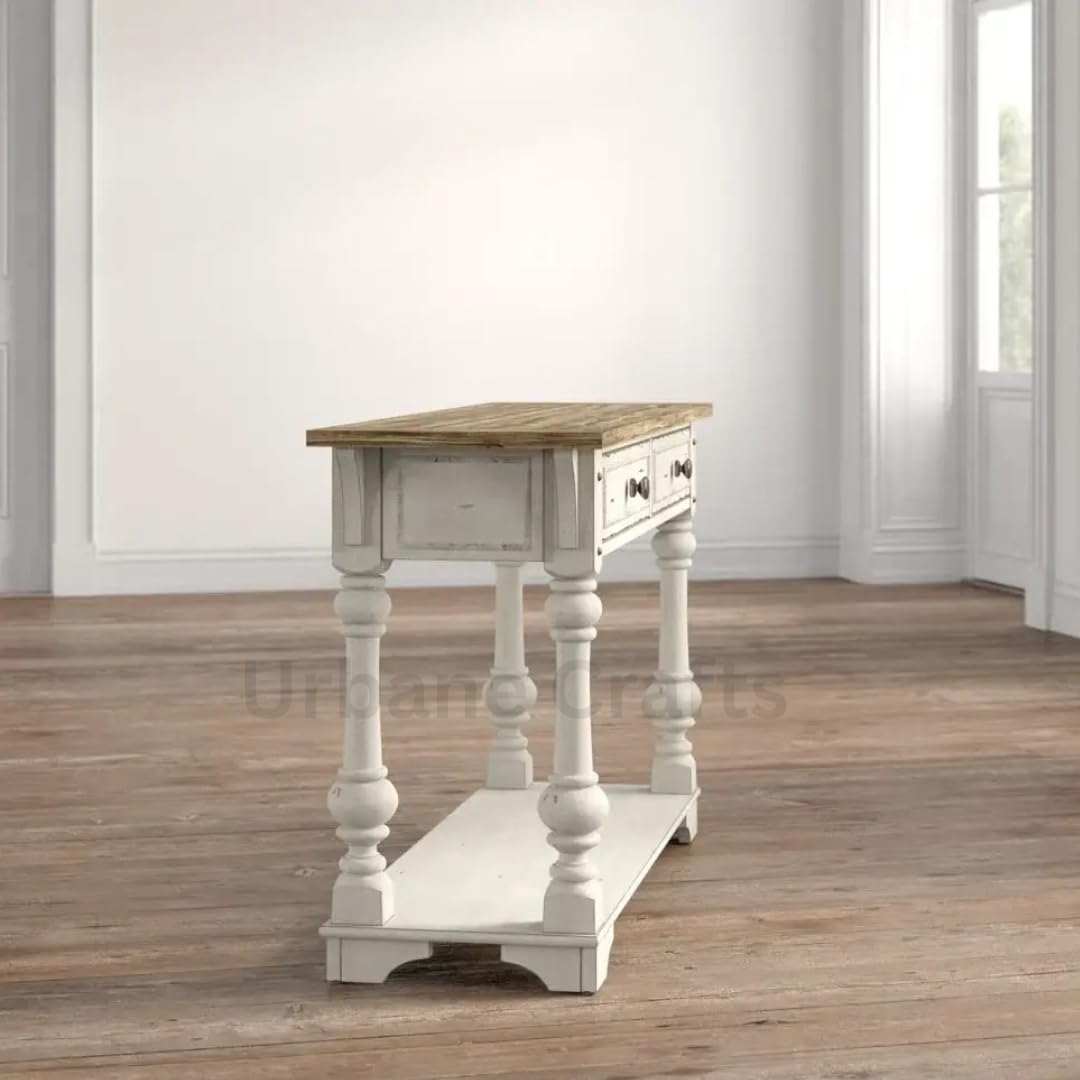Urbane Crafts Wooden Carved Console Table | Solid Mango Wood, Antique White Distress | Decorative Table for Living Room, Hallway, Entryway, or Office | 52 x 30 x 16 Inches, White Deco