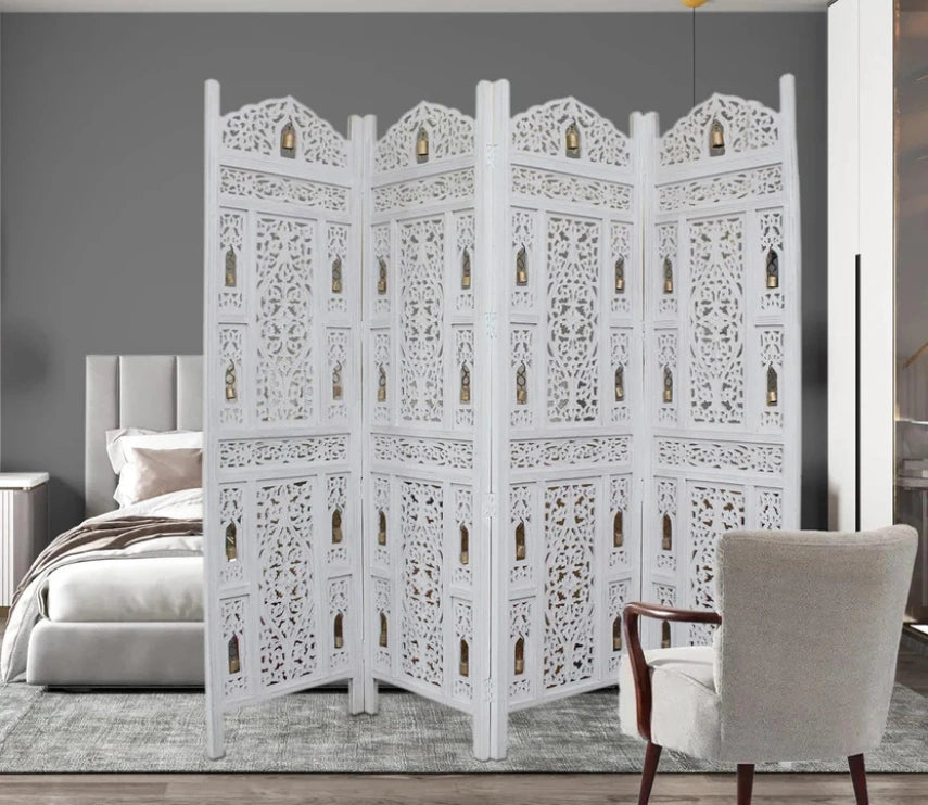 Urbane Crafts Handcrafted Wooden Room Divider & Living Room Partition Screen | 4-Panel Solid Mango Wood & MDF Privacy Screen with Intricate Carvings & Brass Bells | White Distressed Finish