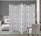 Urbane Crafts Handcrafted Wooden Room Divider & Living Room Partition Screen | 4-Panel Solid Mango Wood & MDF Privacy Screen with Intricate Carvings & Brass Bells | White Distressed Finish