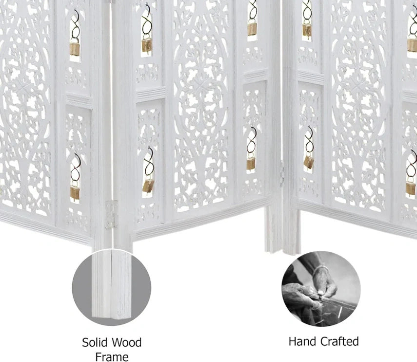 Urbane Crafts Handcrafted Wooden Room Divider & Living Room Partition Screen | 4-Panel Solid Mango Wood & MDF Privacy Screen with Intricate Carvings & Brass Bells | White Distressed Finish