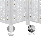 Urbane Crafts Handcrafted Wooden Room Divider & Living Room Partition Screen | 4-Panel Solid Mango Wood & MDF Privacy Screen with Intricate Carvings & Brass Bells | White Distressed Finish