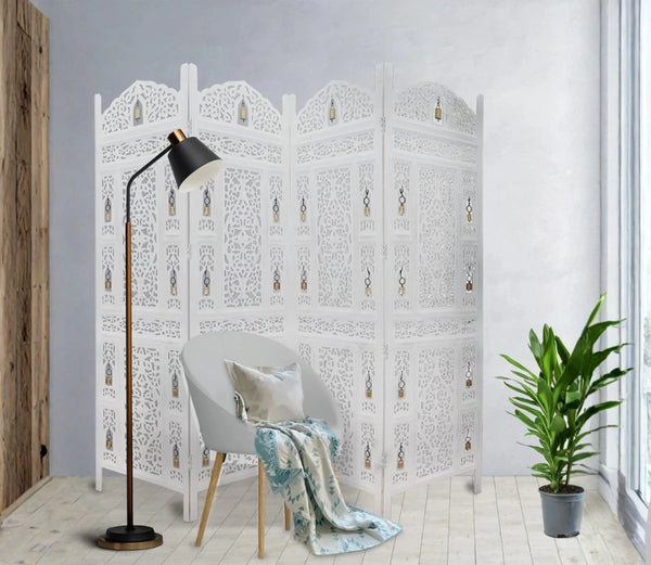Urbane Crafts Handcrafted Wooden Room Divider & Living Room Partition Screen | 4-Panel Solid Mango Wood & MDF Privacy Screen with Intricate Carvings & Brass Bells | White Distressed Finish