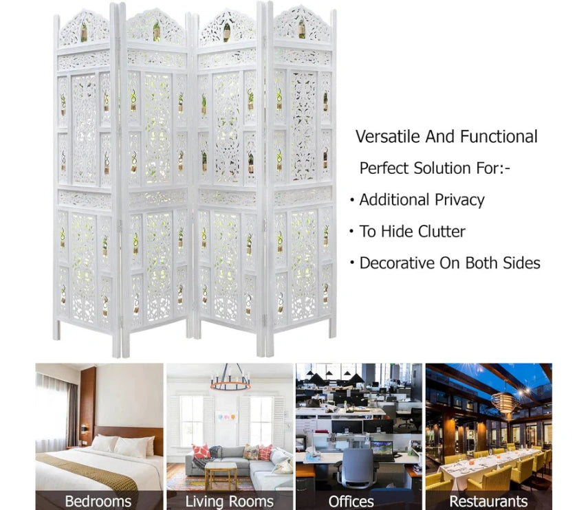 Urbane Crafts Handcrafted Wooden Room Divider & Living Room Partition Screen | 4-Panel Solid Mango Wood & MDF Privacy Screen with Intricate Carvings & Brass Bells | White Distressed Finish