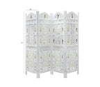 Urbane Crafts Handcrafted Wooden Room Divider & Living Room Partition Screen | 4-Panel Solid Mango Wood & MDF Privacy Screen with Intricate Carvings & Brass Bells | White Distressed Finish