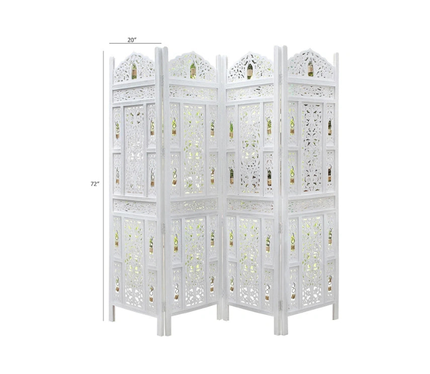 Urbane Crafts Handcrafted Wooden Room Divider & Living Room Partition Screen | 4-Panel Solid Mango Wood & MDF Privacy Screen with Intricate Carvings & Brass Bells | White Distressed Finish