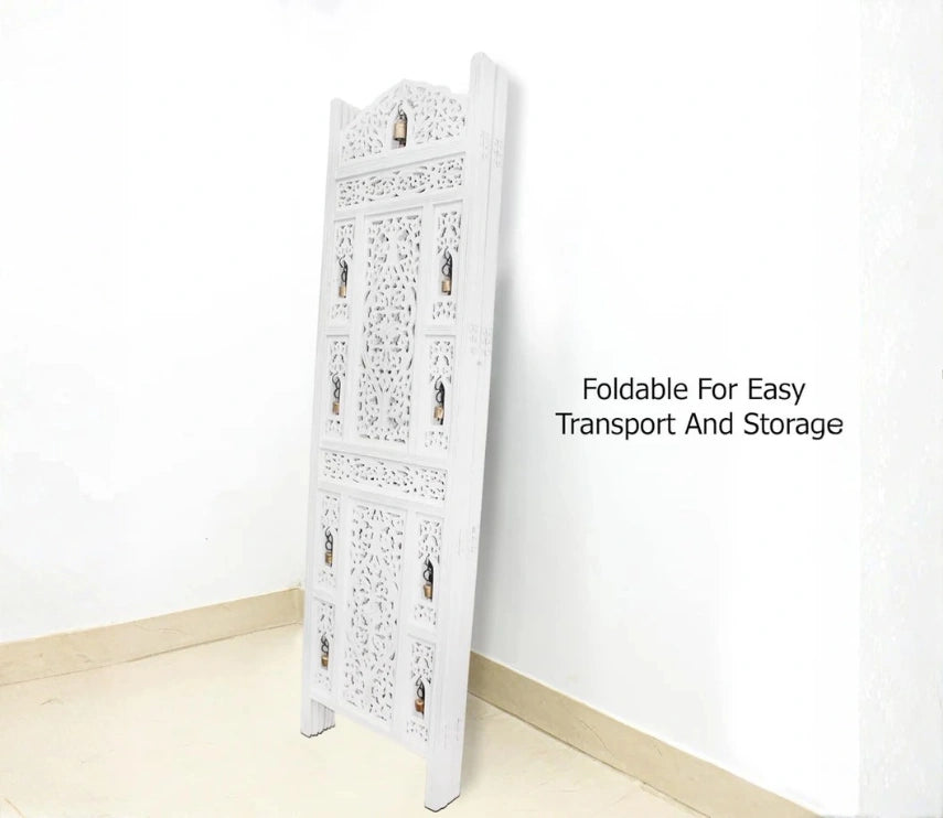 Urbane Crafts Handcrafted Wooden Room Divider & Living Room Partition Screen | 4-Panel Solid Mango Wood & MDF Privacy Screen with Intricate Carvings & Brass Bells | White Distressed Finish