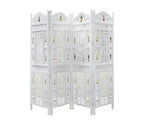 Urbane Crafts Handcrafted Wooden Room Divider & Living Room Partition Screen | 4-Panel Solid Mango Wood & MDF Privacy Screen with Intricate Carvings & Brass Bells | White Distressed Finish