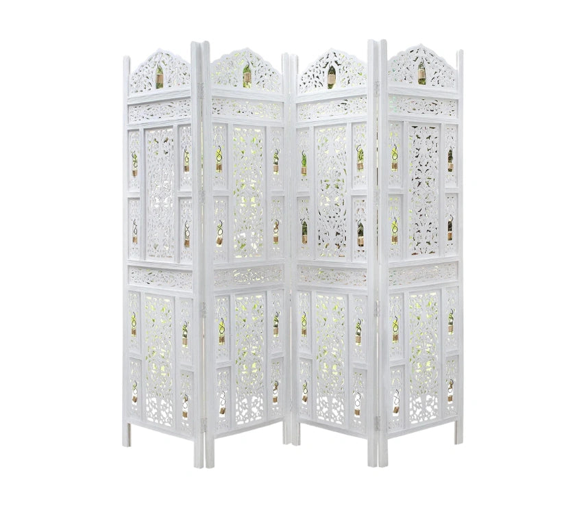 Urbane Crafts Handcrafted Wooden Room Divider & Living Room Partition Screen | 4-Panel Solid Mango Wood & MDF Privacy Screen with Intricate Carvings & Brass Bells | White Distressed Finish