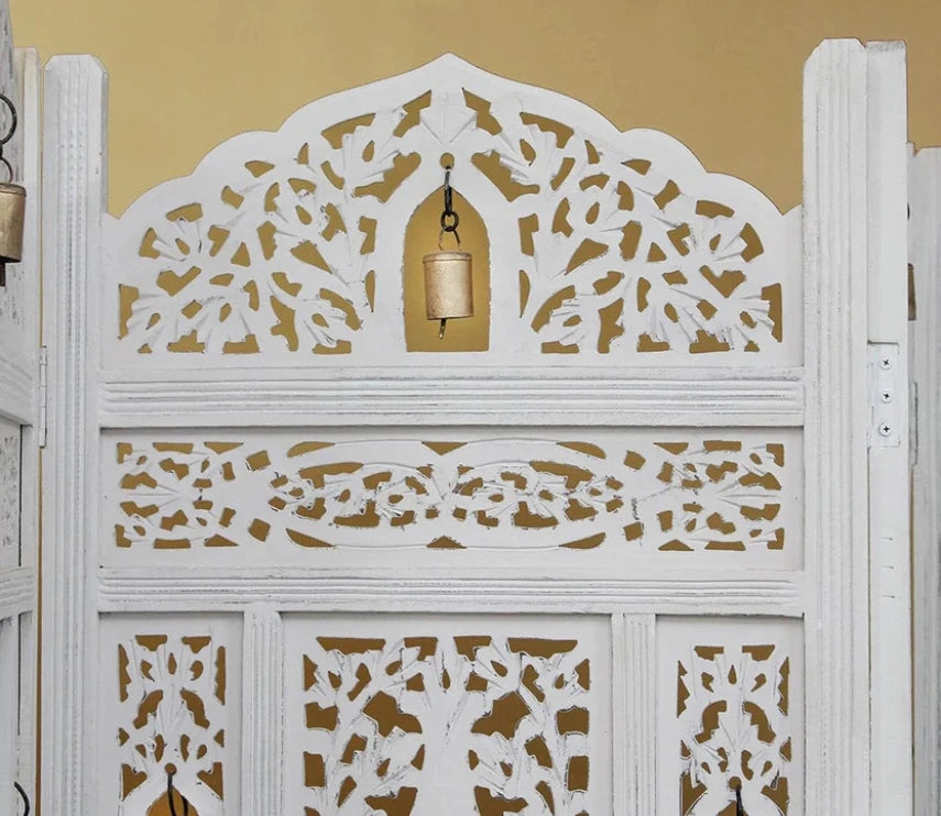 Urbane Crafts Handcrafted Wooden Room Divider & Living Room Partition Screen | 4-Panel Solid Mango Wood & MDF Privacy Screen with Intricate Carvings & Brass Bells | White Distressed Finish