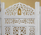 Urbane Crafts Handcrafted Wooden Room Divider & Living Room Partition Screen | 4-Panel Solid Mango Wood & MDF Privacy Screen with Intricate Carvings & Brass Bells | White Distressed Finish