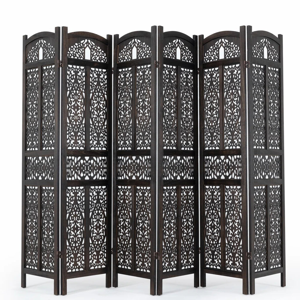 Urbane Crafts 6-Panel Solid Wood Room Divider Screen - 67" Tall Carved Folding Privacy Partition with 360° Swivel Hinges & Openwork Filigree Pattern (Dark Espresso)