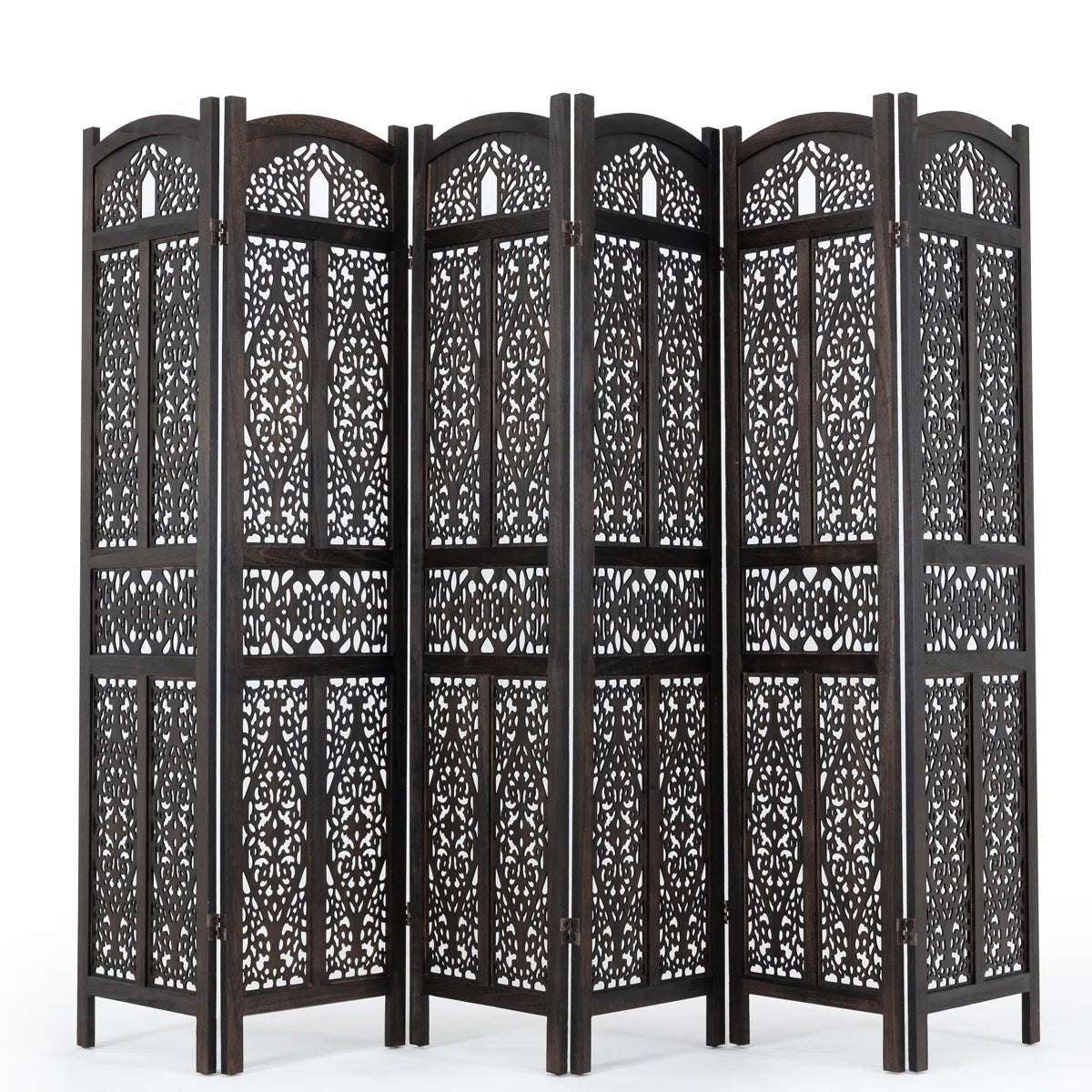 Urbane Crafts 6-Panel Solid Wood Room Divider Screen - 67" Tall Carved Folding Privacy Partition with 360° Swivel Hinges & Openwork Filigree Pattern (Dark Espresso)