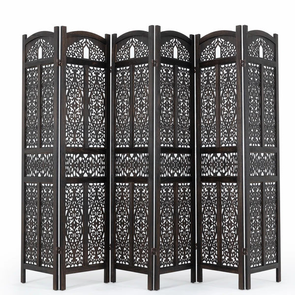 Urbane Crafts 6-Panel Solid Wood Room Divider Screen - 67" Tall Carved Folding Privacy Partition with 360° Swivel Hinges & Openwork Filigree Pattern (Dark Espresso)