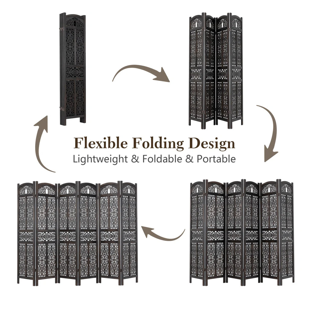 Urbane Crafts 6-Panel Solid Wood Room Divider Screen - 67" Tall Carved Folding Privacy Partition with 360° Swivel Hinges & Openwork Filigree Pattern (Dark Espresso)