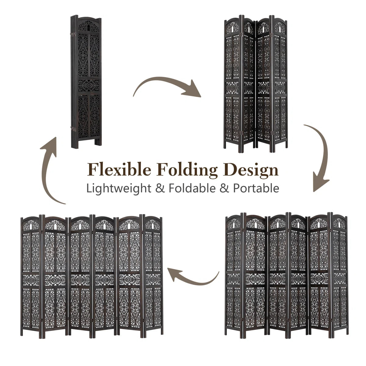 Urbane Crafts 6-Panel Solid Wood Room Divider Screen - 67" Tall Carved Folding Privacy Partition with 360° Swivel Hinges & Openwork Filigree Pattern (Dark Espresso)