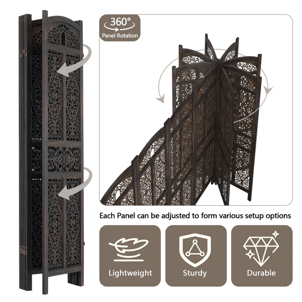 Urbane Crafts 6-Panel Solid Wood Room Divider Screen - 67" Tall Carved Folding Privacy Partition with 360° Swivel Hinges & Openwork Filigree Pattern (Dark Espresso)