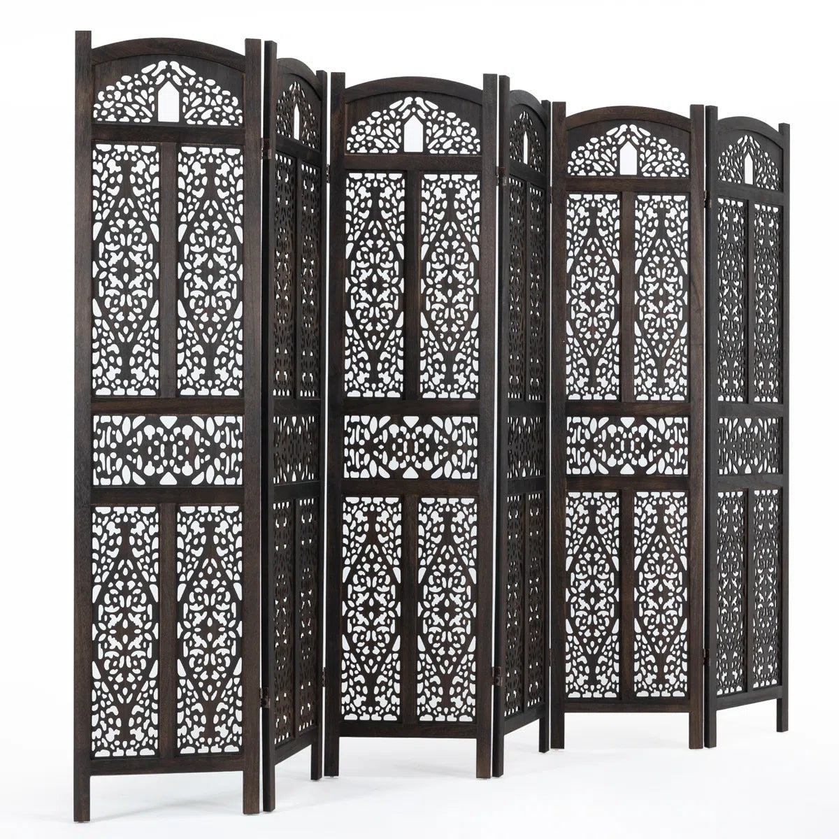 Urbane Crafts 6-Panel Solid Wood Room Divider Screen - 67" Tall Carved Folding Privacy Partition with 360° Swivel Hinges & Openwork Filigree Pattern (Dark Espresso)