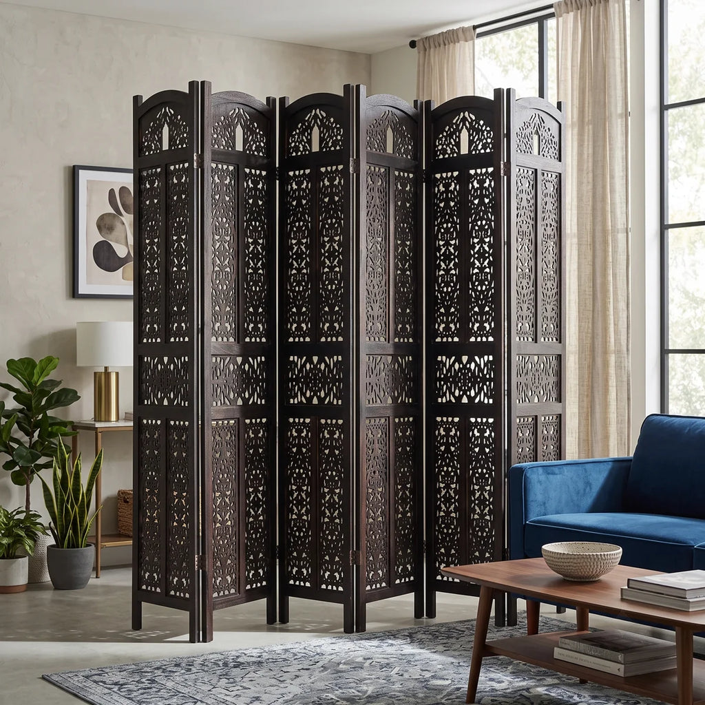 Urbane Crafts 6-Panel Solid Wood Room Divider Screen - 67" Tall Carved Folding Privacy Partition with 360° Swivel Hinges & Openwork Filigree Pattern (Dark Espresso)