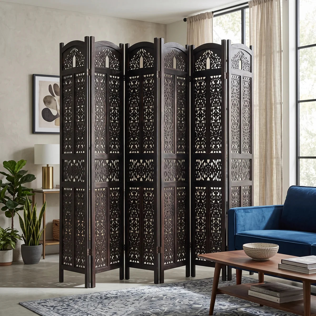 Urbane Crafts 6-Panel Solid Wood Room Divider Screen - 67" Tall Carved Folding Privacy Partition with 360° Swivel Hinges & Openwork Filigree Pattern (Dark Espresso)