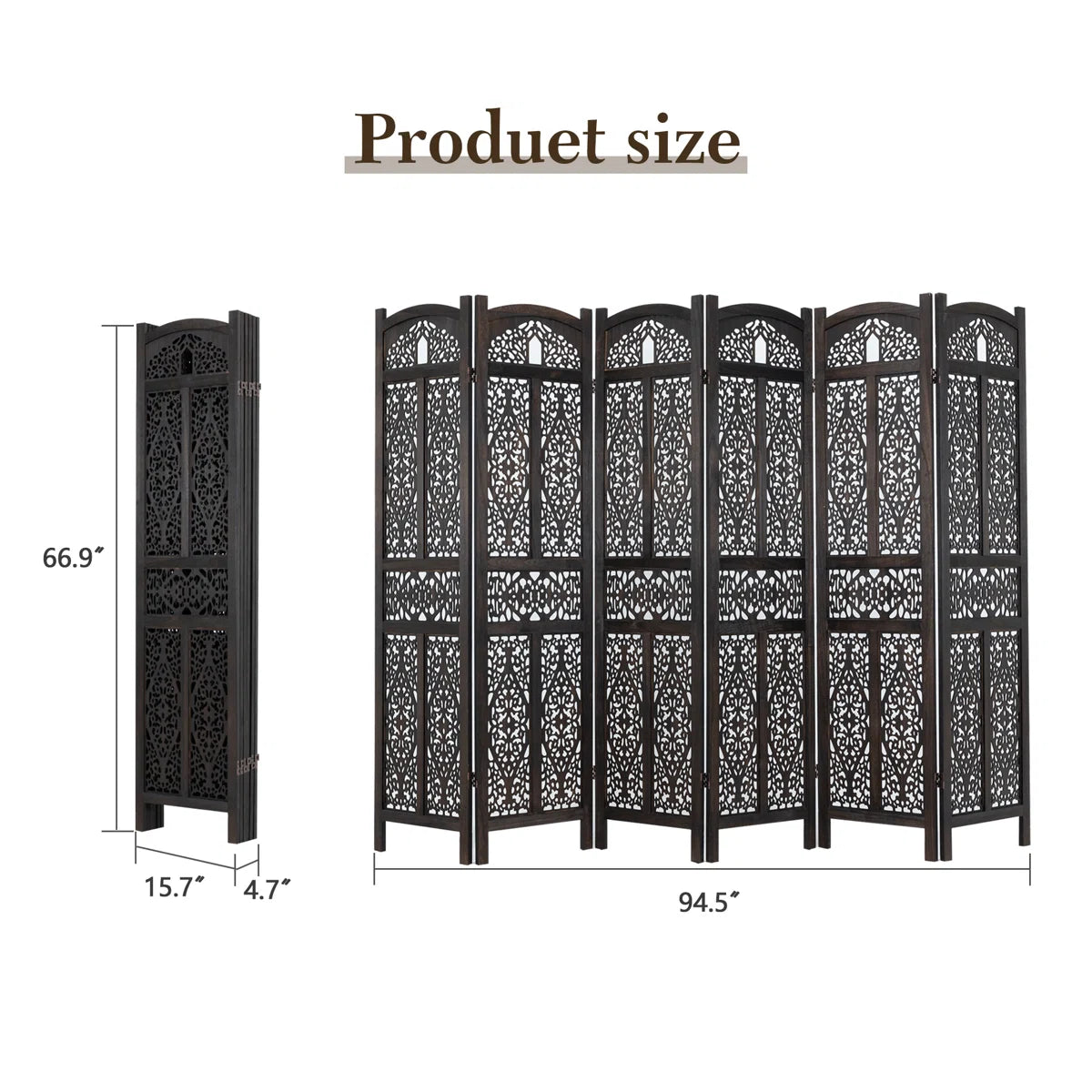 Urbane Crafts 6-Panel Solid Wood Room Divider Screen - 67" Tall Carved Folding Privacy Partition with 360° Swivel Hinges & Openwork Filigree Pattern (Dark Espresso)
