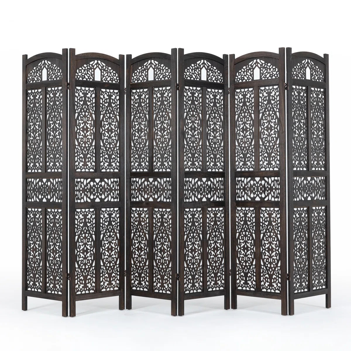 Urbane Crafts 6-Panel Solid Wood Room Divider Screen - 67" Tall Carved Folding Privacy Partition with 360° Swivel Hinges & Openwork Filigree Pattern (Dark Espresso)