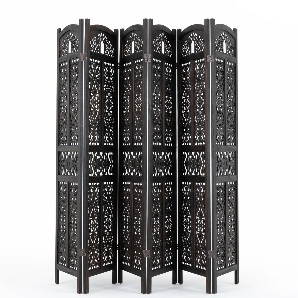 Urbane Crafts 6-Panel Solid Wood Room Divider Screen - 67" Tall Carved Folding Privacy Partition with 360° Swivel Hinges & Openwork Filigree Pattern (Dark Espresso)