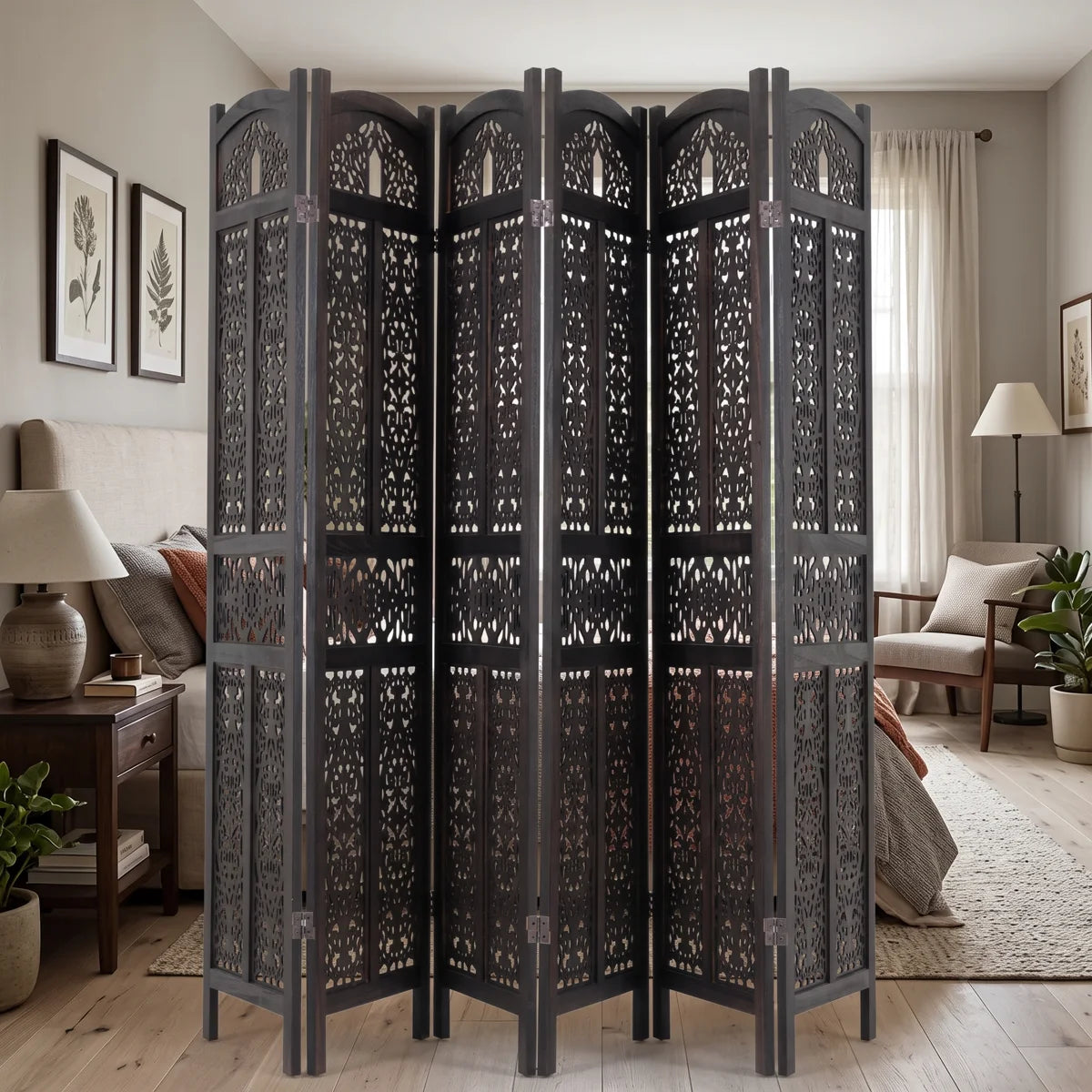 Urbane Crafts 6-Panel Solid Wood Room Divider Screen - 67" Tall Carved Folding Privacy Partition with 360° Swivel Hinges & Openwork Filigree Pattern (Dark Espresso)