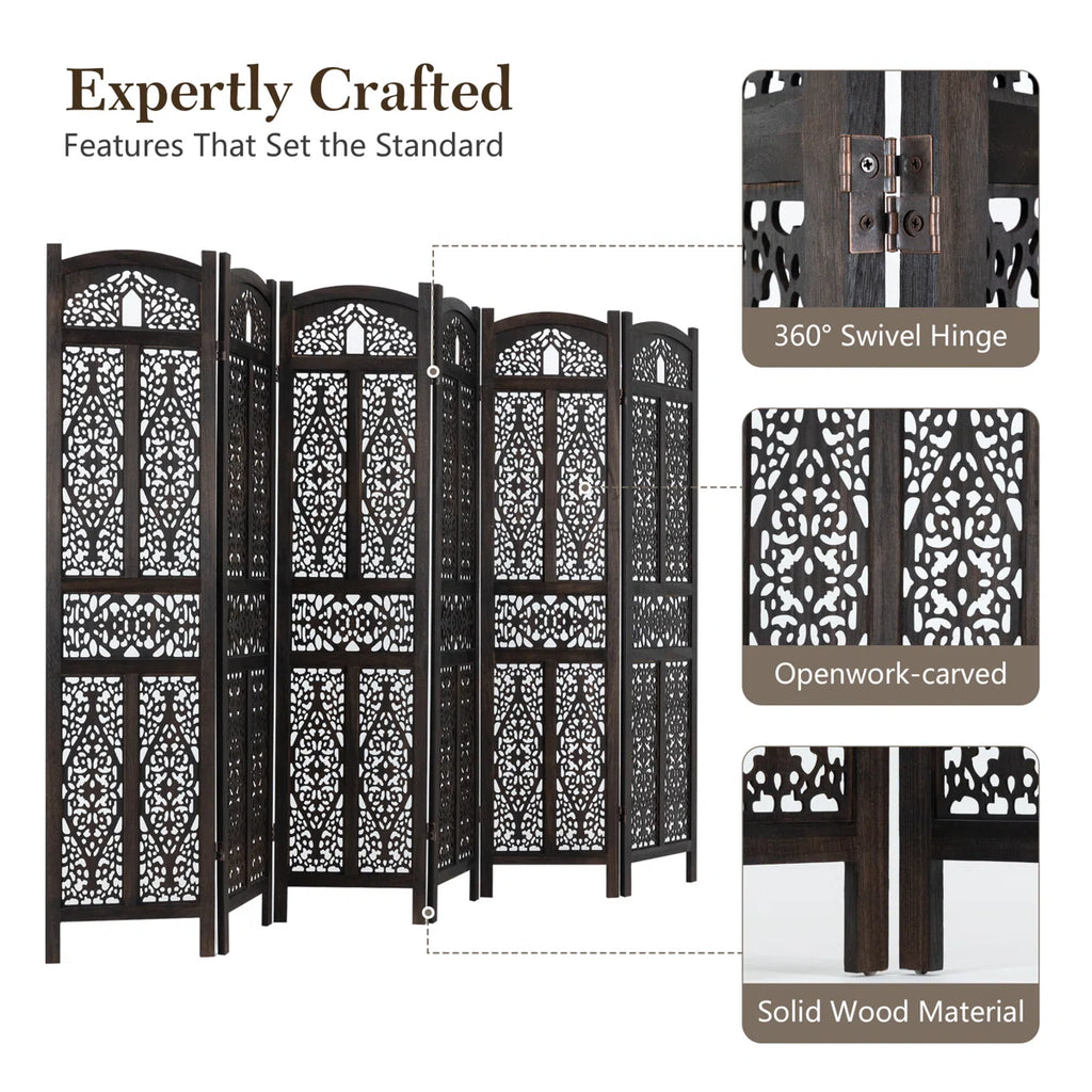 Urbane Crafts 6-Panel Solid Wood Room Divider Screen - 67" Tall Carved Folding Privacy Partition with 360° Swivel Hinges & Openwork Filigree Pattern (Dark Espresso)